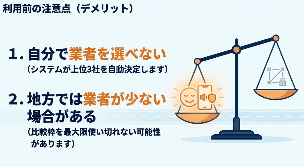 利用前の注意点（デメリット） 。自分で業者を選べない点 や、地方では業者が少ない場合がある点 について