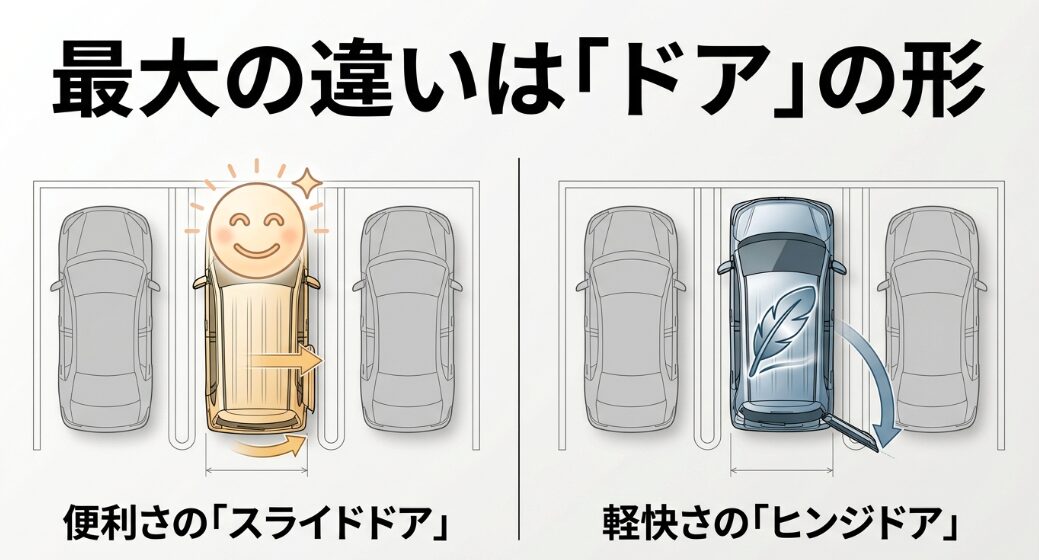 ムーヴのスライドドアとN-WGNのヒンジドアの開き方の違いと、駐車スペースでの利便性を説明するイラスト