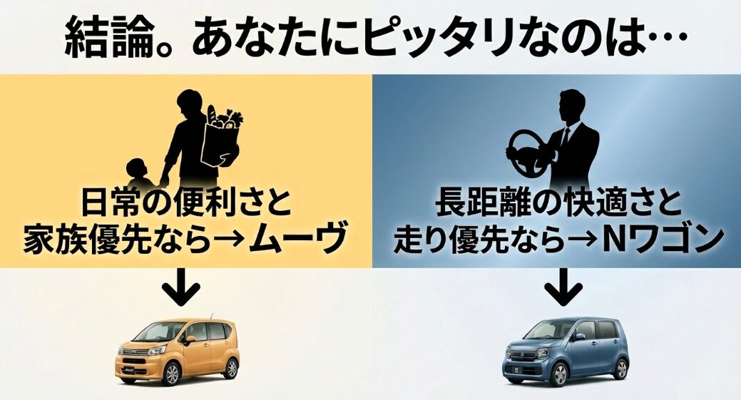 家族の利便性を優先するならムーヴ、走りの快適さを優先するならN-WGNという結論のまとめ