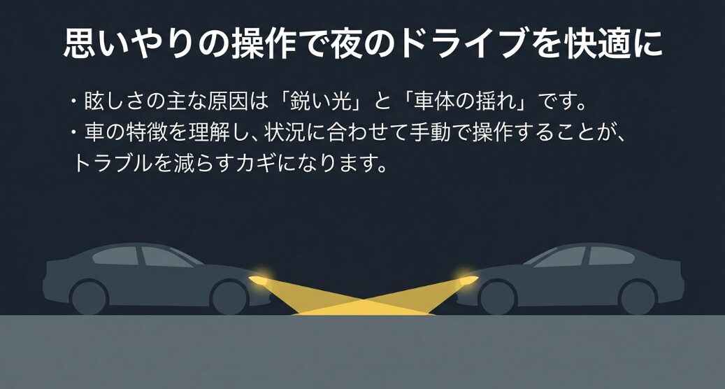 眩しさの主な原因である鋭い光と車体の揺れを理解し、状況に合わせて手動で操作することでトラブルを減らすまとめ
