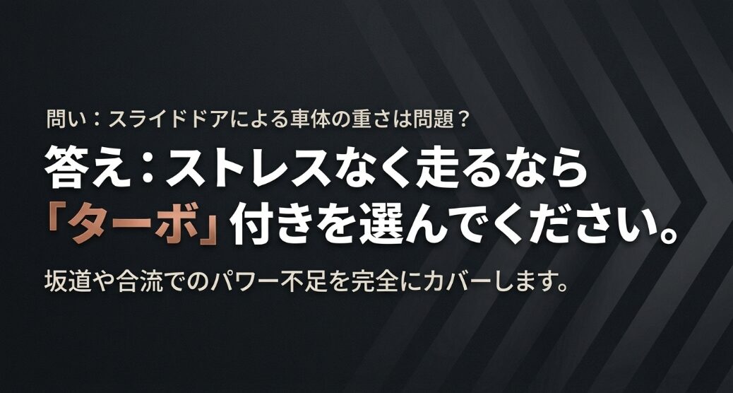 坂道や合流でのパワー不足を完全にカバーするためにターボ付きを推奨するスライド