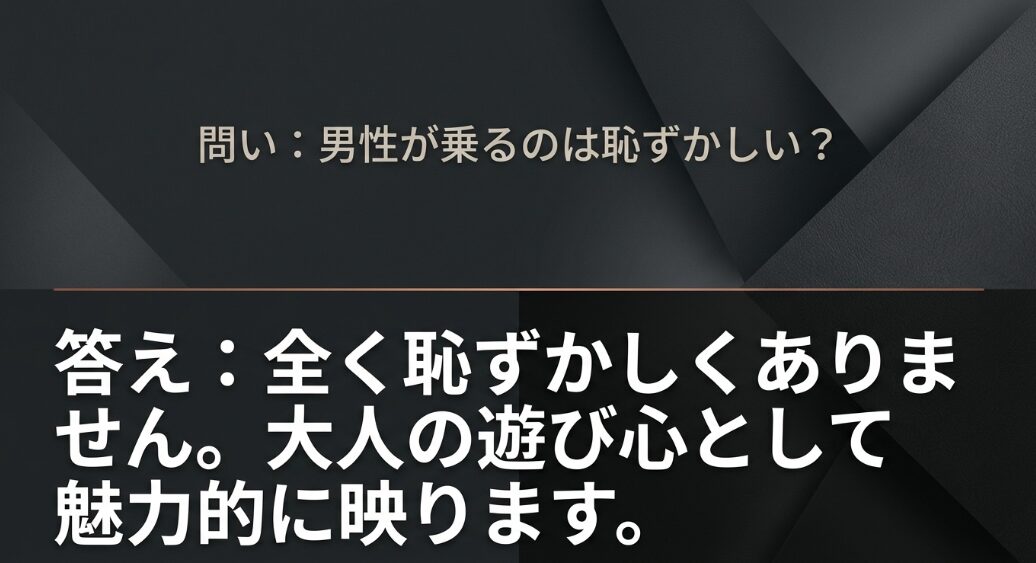 男性がムーヴキャンバスに乗るのは全く恥ずかしくなく、大人の遊び心として魅力的であることを説明するスライド