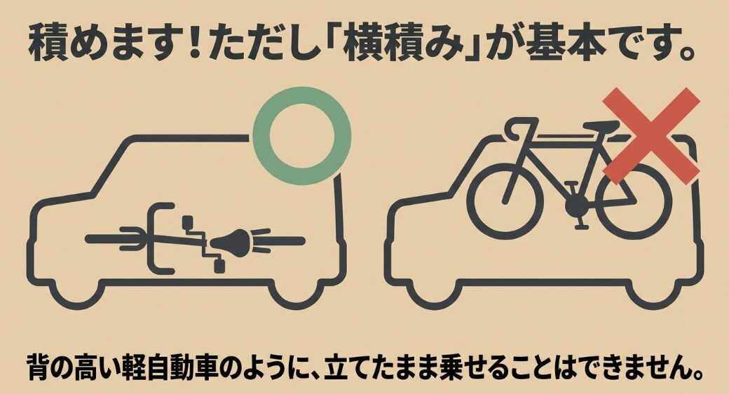 ムーヴキャンバスに自転車を積む際は横積みが基本であることを示す図解