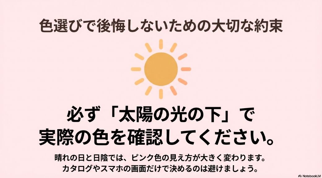 色選びで後悔しないために、必ず太陽の光の下でピンク色の見え方を確認することを推奨するスライド