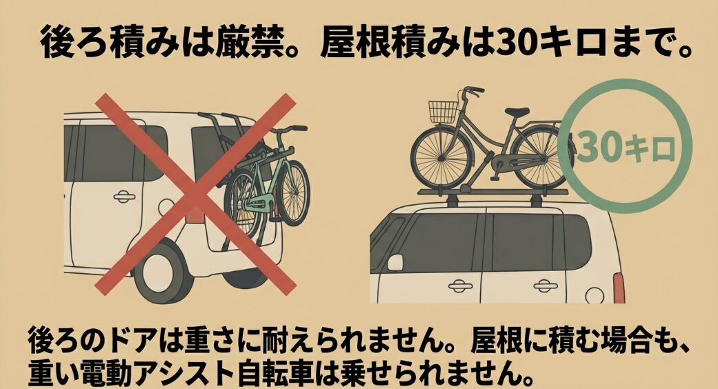 リアキャリア禁止とルーフキャリア30kg制限を説明する比較図