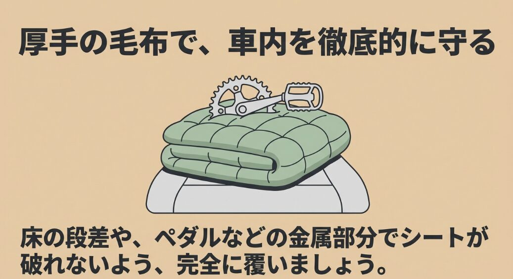 ペダルやギアから車内を守るために厚手の毛布で養生するイメージ図