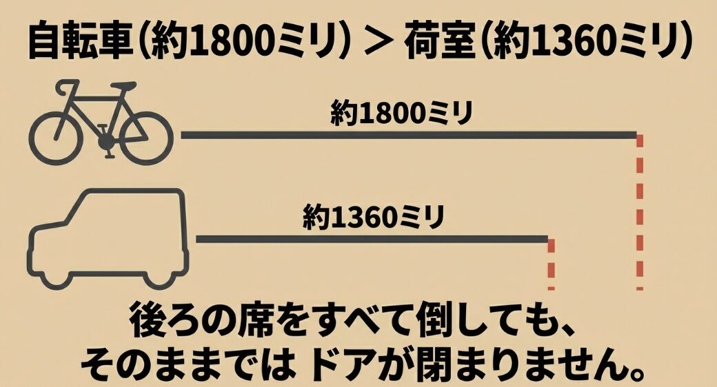 自転車の全長約1800mmと荷室奥行き1360mmの差を示すサイズ比較図