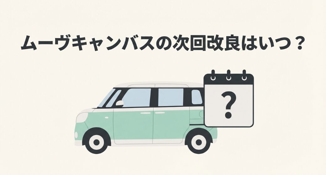 カレンダーと車のイラストが描かれた、ムーヴキャンバスの次回改良時期を問いかけるスライド