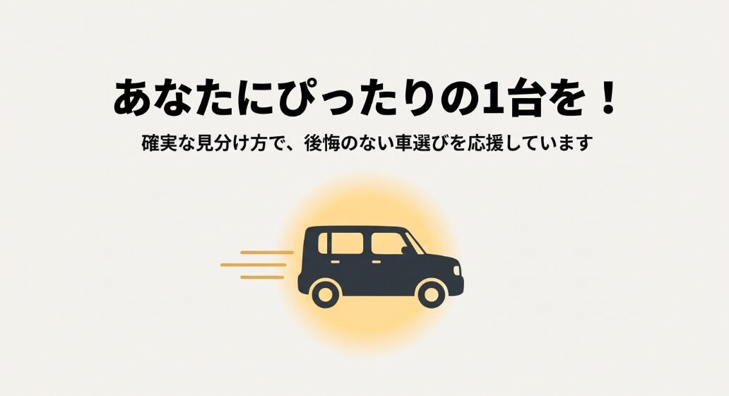 確実な見分け方で後悔のない車選びを応援するメッセージと、軽快に走る車のシルエット