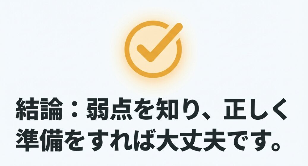 結論:弱点を知り、正しく 準備をすれば大丈夫です。