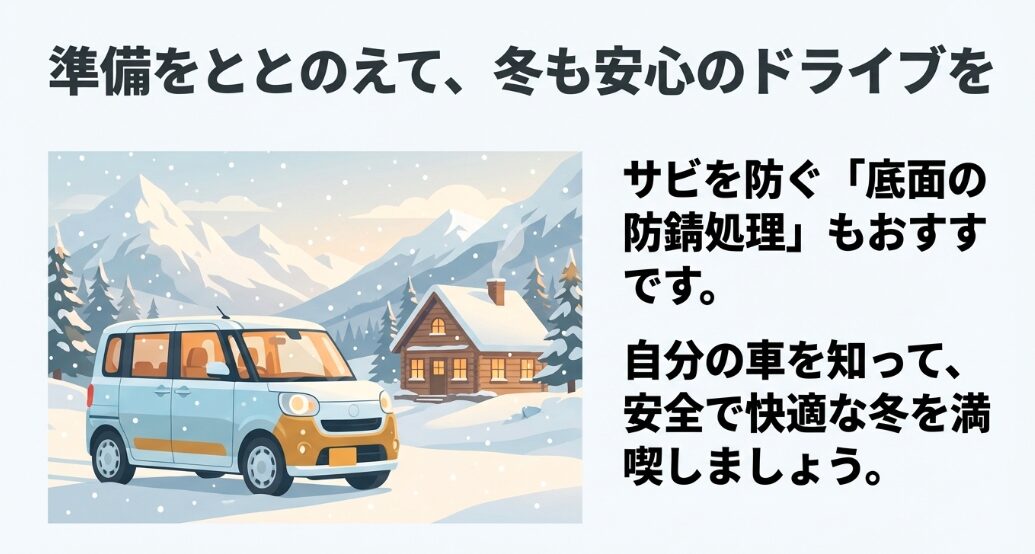 準備をととのえて、冬も安心のドライブを サビを防ぐ「底面の防錆処理」もおすすです。 自分の車を知って、安全で快適な冬を満喫しましょう。