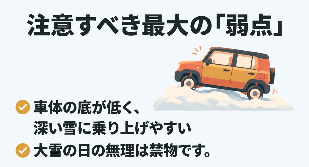 注意すべき最大の「弱点」 車体の底が低く、深い雪に乗り上げやすい 大雪の日の無理は禁物です。