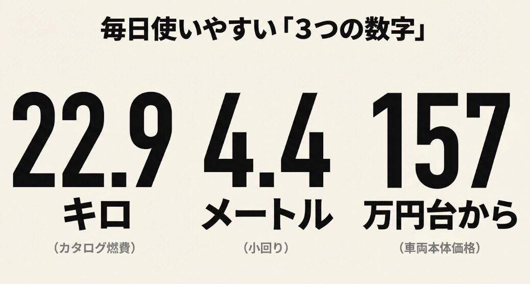 燃費22.9キロ、小回り4.4メートル、157万円台からという、毎日使いやすい3つの数字を表したスライド