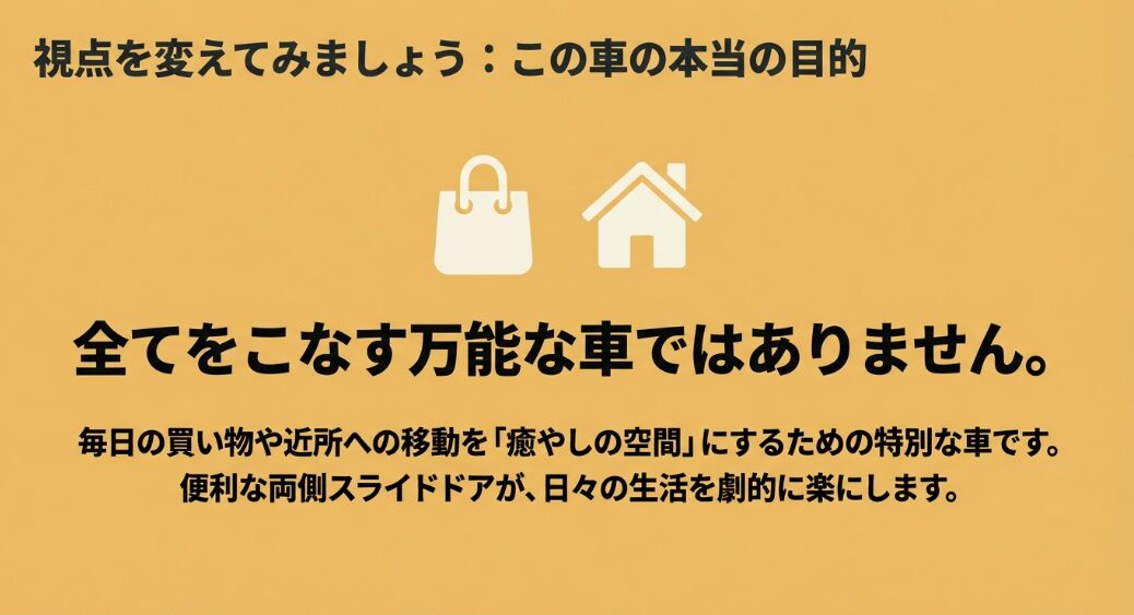 ムーヴキャンバスは単なる移動手段ではなく、日常を癒やしの空間にするための車であるというコンセプトの解説
