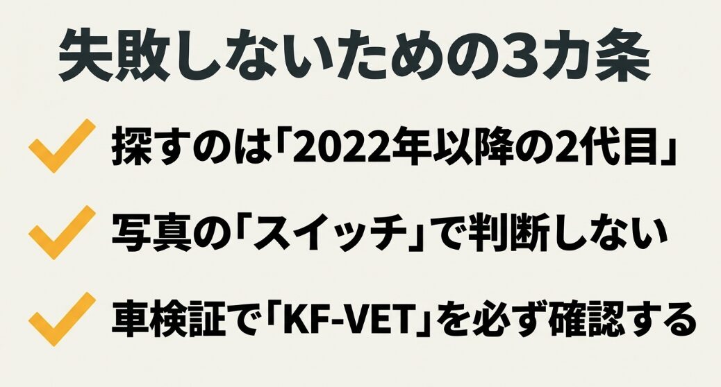 2022年以降の2代目を探す、写真のスイッチで判断しない、車検証でKF-VETを必ず確認するという車選びの3カ条