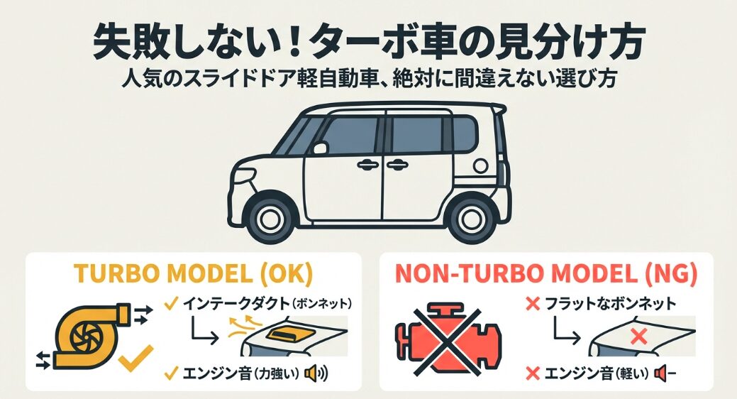 「失敗しない！ターボ車の見分け方」と書かれた、人気のスライドドア軽自動車のターボモデルの見分け方を解説する表紙スライド