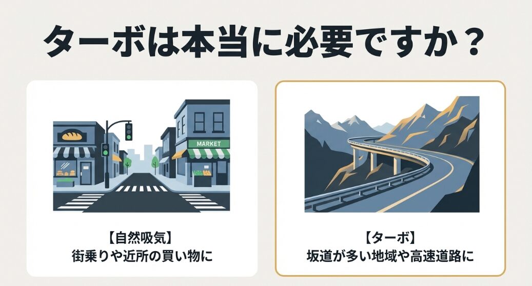 街乗りや近所の買い物に向いている自然吸気と、坂道が多い地域や高速道路に向いているターボの用途の違いを解説するスライド