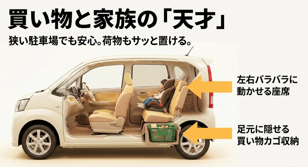 ムーヴの左右独立スライドシートと、足元に買い物カゴを固定できる「置きラクボックス」の利用イメージ
