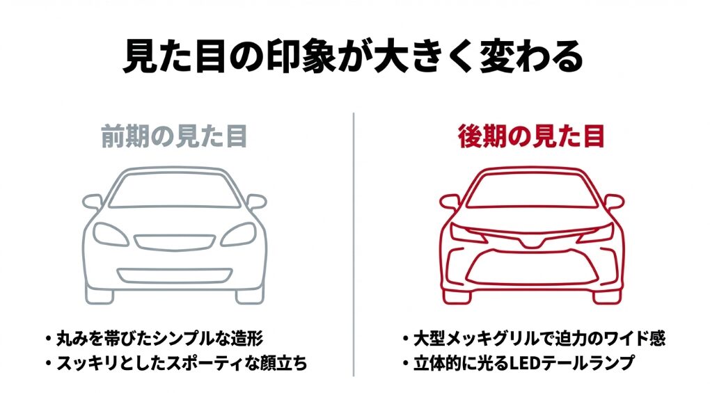 丸みを帯びたシンプルな前期型と、大型メッキグリルや立体的に光るLEDテールランプを採用した後期型の見た目の違いを比較したイラスト