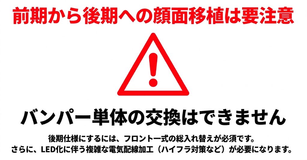 バンパー単体の交換不可やフロント一式総入れ替え、LED化に伴う電気配線加工など、前期から後期への顔面移植に関する注意点をまとめた警告画像