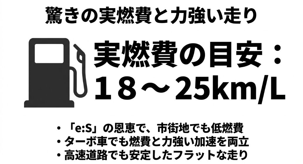実燃費の目安を18〜25km/Lとし、市街地での低燃費やターボ車の加速性能を解説した図