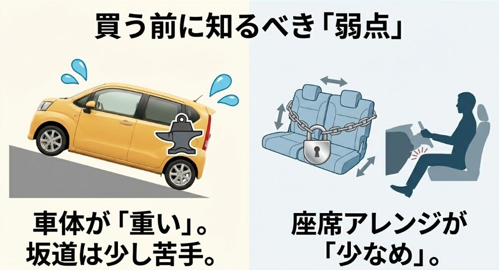 ムーヴは車体が重く坂道が苦手な点、N-WGNは座席アレンジが少ない点というそれぞれの弱点を解説する図解