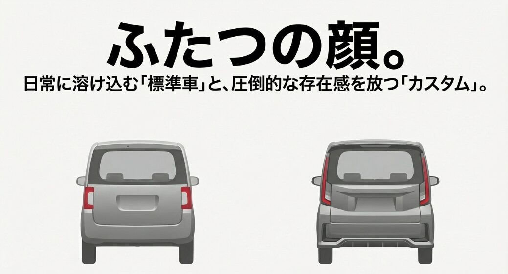 日常に溶け込むムーヴ標準車と圧倒的な存在感を放つカスタムモデルの後ろ姿の比較イラスト 。
