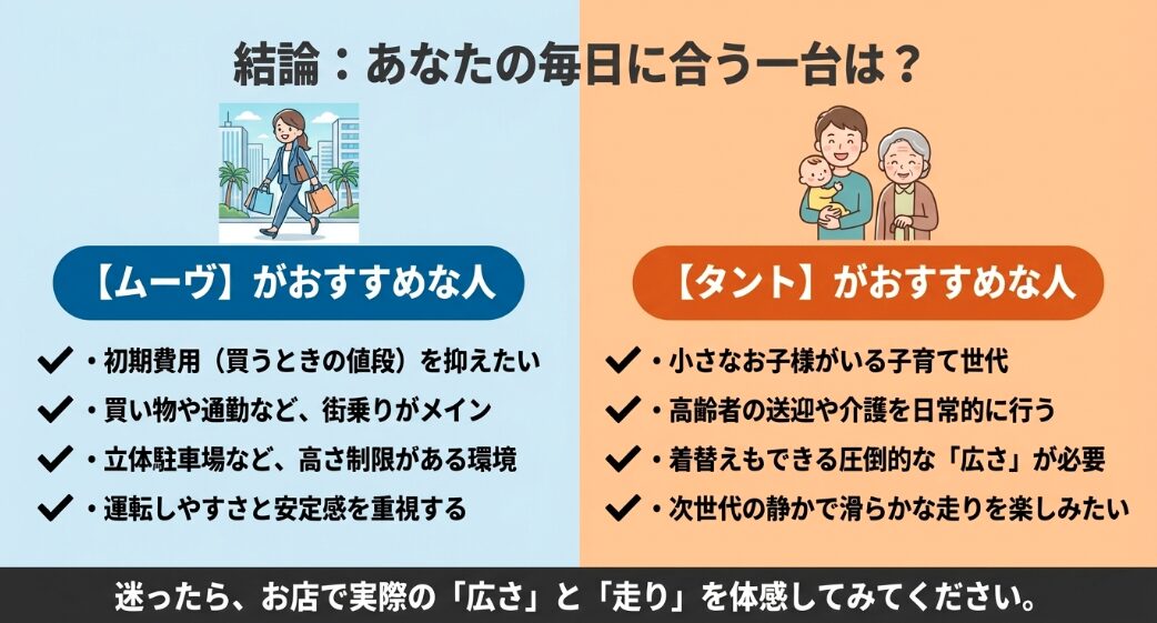 ライフスタイル別、新型ムーヴがおすすめな人とタントがおすすめな人のまとめ一覧表