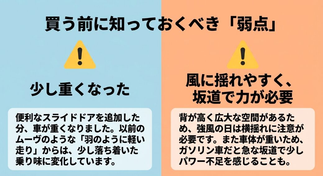 車体が重くなった新型ムーヴと、横風や急な坂道に注意が必要なタントのそれぞれの欠点
