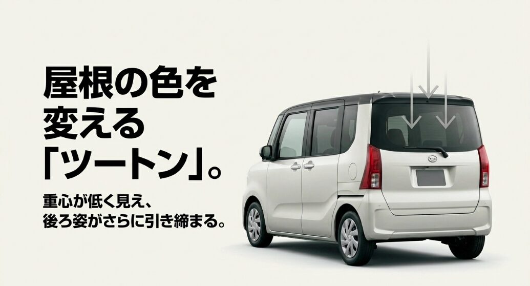 屋根の色を変えるツートンカラーにより、重心が低く見えて後ろ姿がさらに引き締まったムーヴのイラスト 。