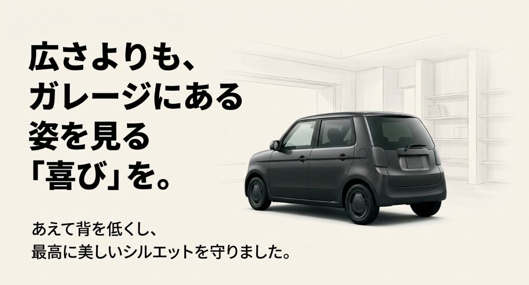 広さよりも、ガレージにある姿を見る「喜び」を。あえて背を低くし、最高に美しいシルエットを守りました。