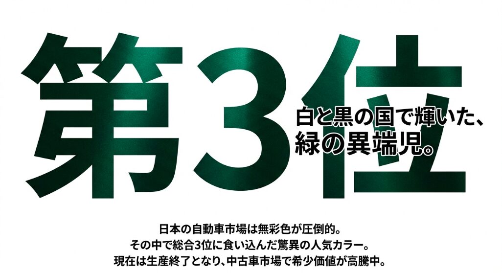 総合3位に食い込んだ驚異の人気カラーであり、中古車市場で希少価値が高騰中であることの解説