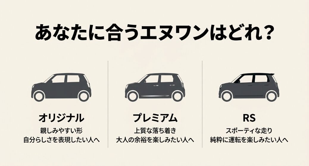 あなたに合うエヌワンはどれ?オリジナル親しみやすい形 自分らしさを表現したい人へプレミアム上質な落ち着き 大人の余裕を楽しみたい人へRSスポーティな走り 純粋に運転を楽しみたい人へ