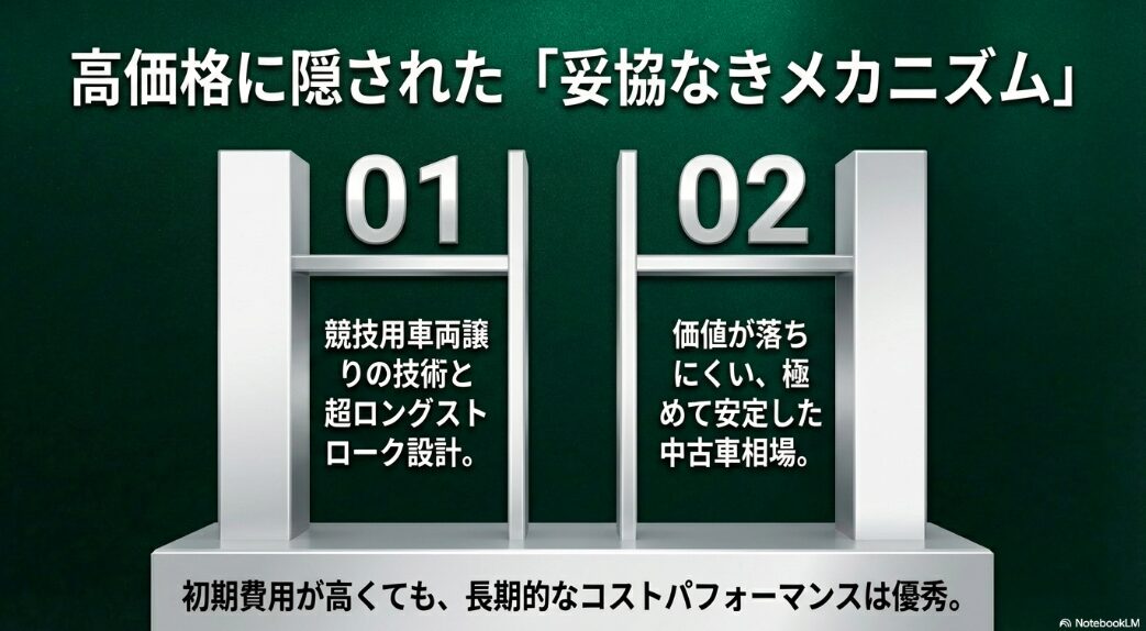 競技用車両譲りの技術による超ロングストローク設計と、安定した中古車相場による長期的なコストパフォーマンスの良さ