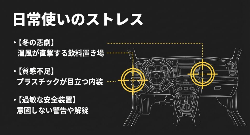 新型ムーヴのドリンクホルダーへの温風直撃やプラスチック感などの日常使いのストレス