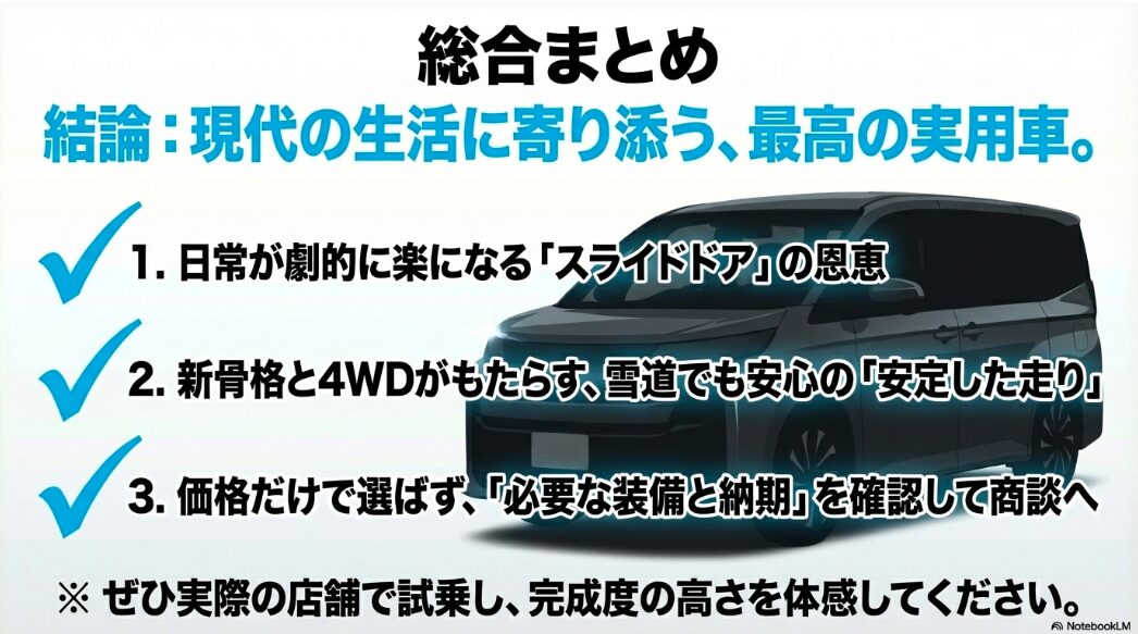 スライドドアの実用性、安定した走り、必要な装備と納期の確認など、新型ムーヴに関する結論の総合まとめ