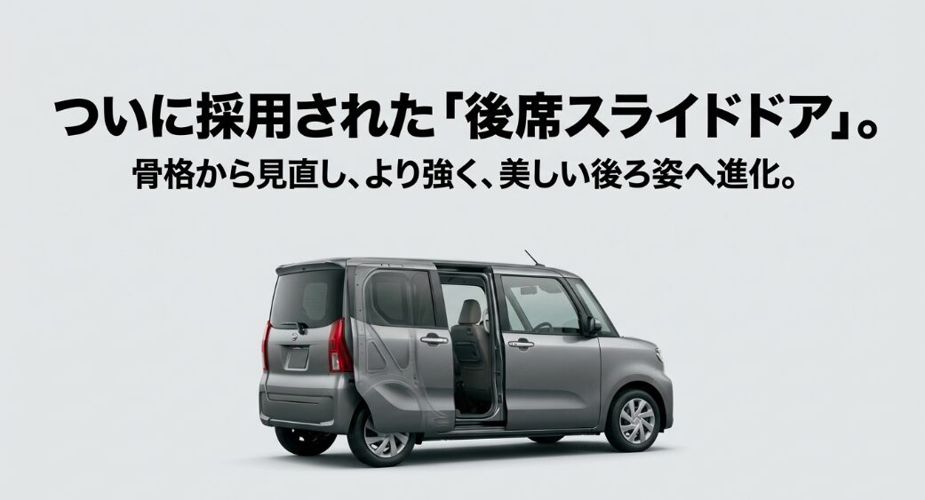 後席スライドドアを採用し、骨格から見直された新型ムーヴの美しい後ろ姿のイラスト 。