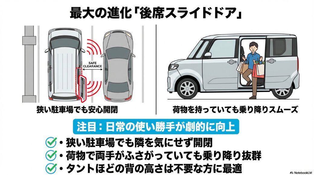 狭い駐車場や荷物を持っている時でも隣を気にせず開閉できる、新型ムーヴの後席スライドドアのメリットを表すイラスト
