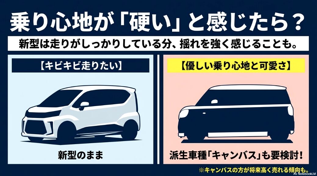 乗り心地が硬いと感じた場合の派生車種ムーヴキャンバスとの比較検討