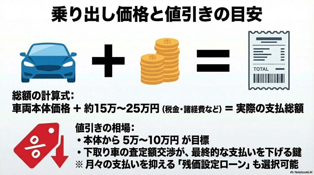 車両本体価格に約15万から25万円を加えた支払総額の計算式と、5万から10万円を目標とする値引き相場の解説