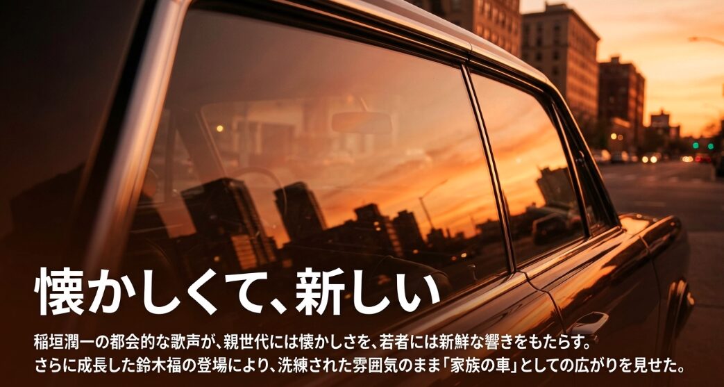稲垣潤一の都会的な歌声が親世代と若者それぞれに響いたことや、成長した鈴木福の登場で家族の車としての広がりを見せたことを解説するスライド