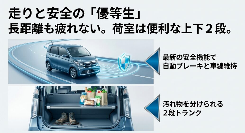 N-WGNのHonda SENSINGによる安全機能イメージと、荷物を上下に分けて積める2段トランクの紹介