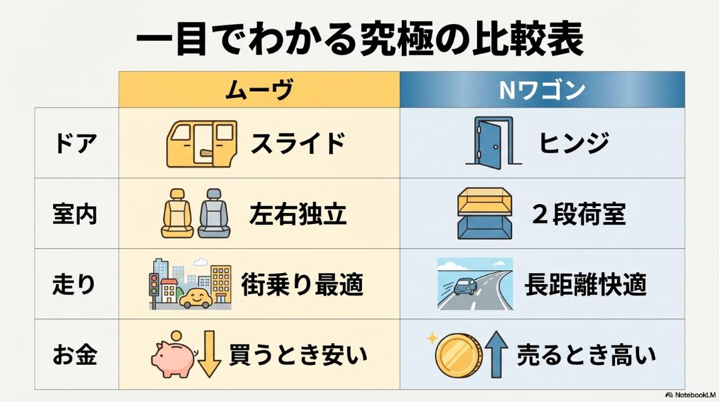 ドア形状、室内機能、走行性能、費用の4つの観点からムーヴとN-WGNの違いをまとめた比較表