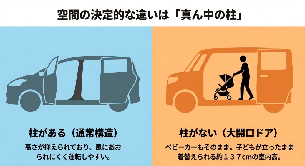 通常構造の新型ムーヴと、柱がないミラクルオープンドアを採用したタントの車内空間の違い