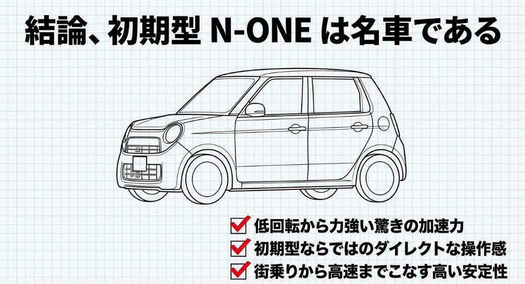 低回転からの加速力や高い安定性を兼ね備えた初期型N-ONEは名車であるという結論