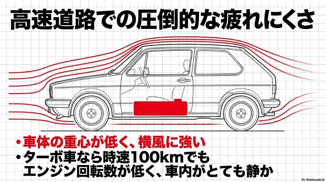 車体の重心が低くターボ車なら車内も静かなど、高速道路での疲れにくさの解説