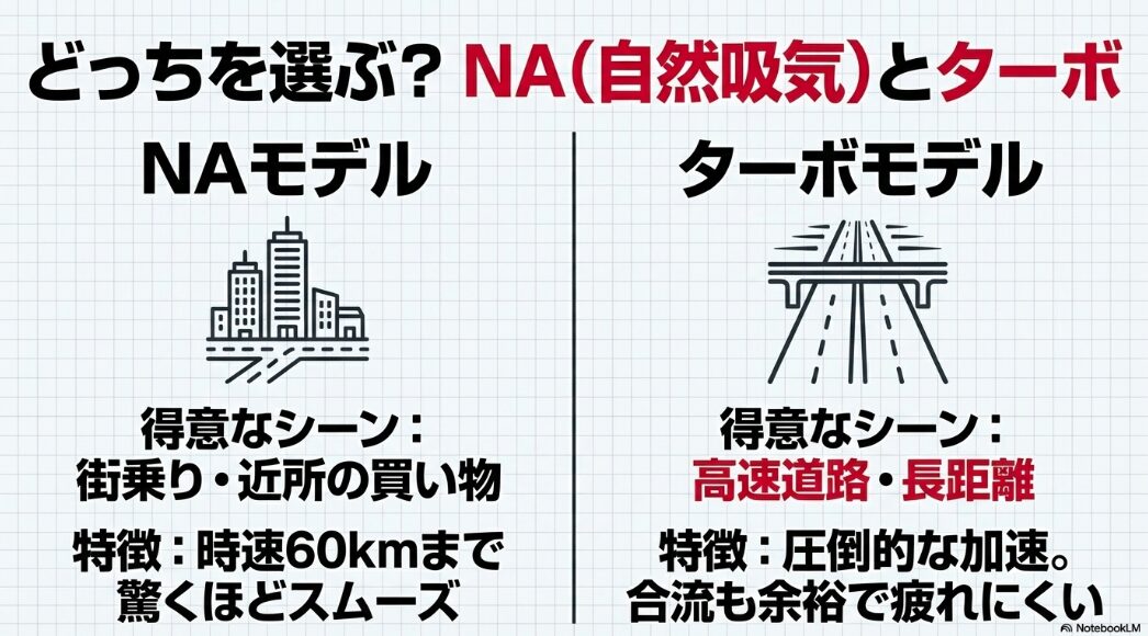 街乗りが得意なNAモデルと高速道路が得意なターボモデルの比較イラスト