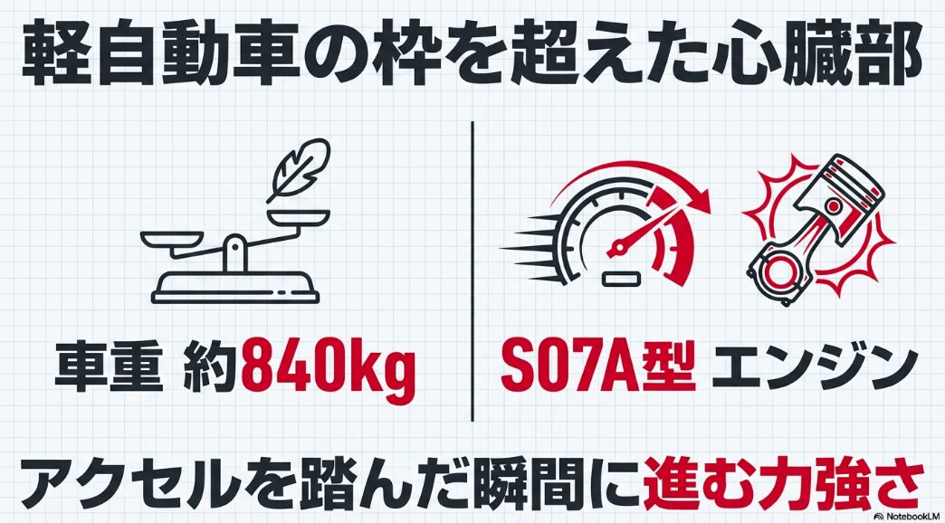 車重約840kgの軽量ボディとS07A型エンジンによる力強い加速の解説
