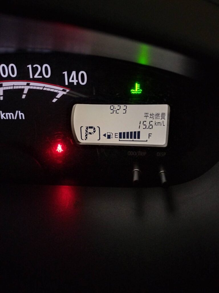 ダイハツ ムーヴ LA100Sの車載メーターに表示された平均燃費15.6km/L