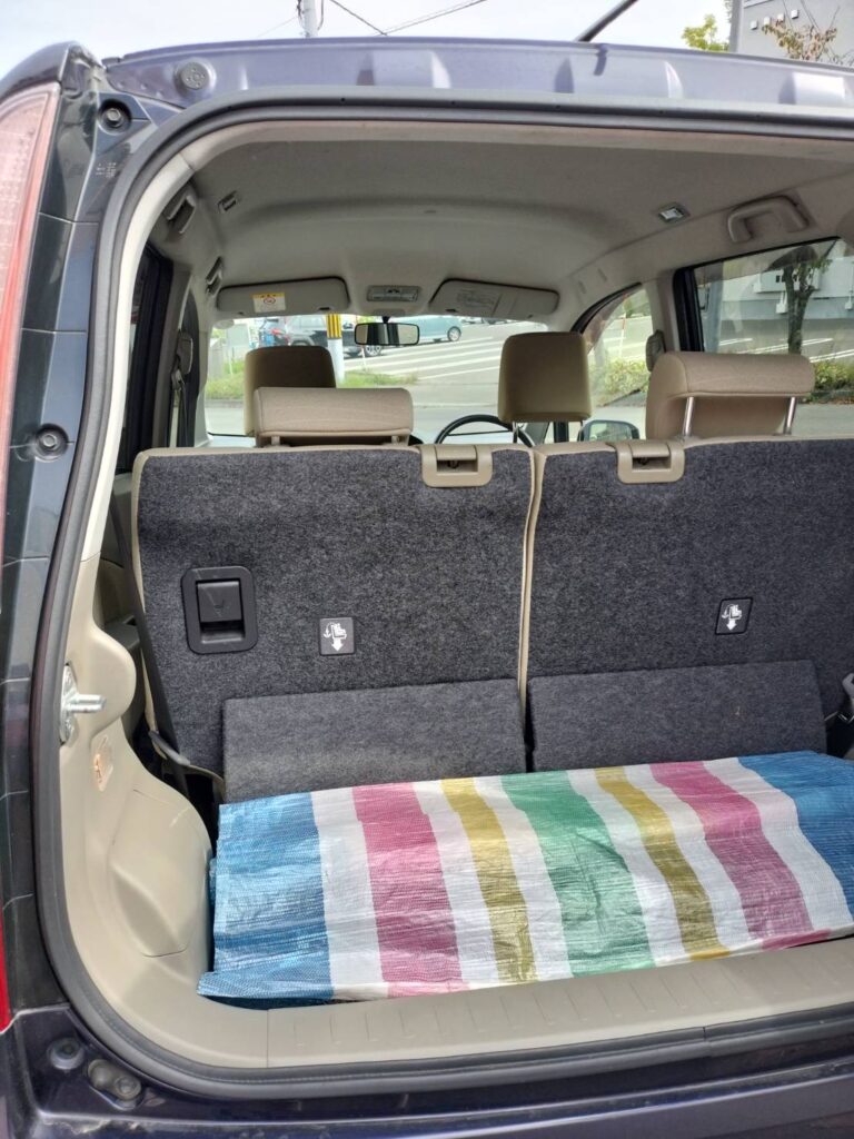 ダイハツ ムーヴ LA100Sのバックドアを開けて荷室と後部座席を確認した状態